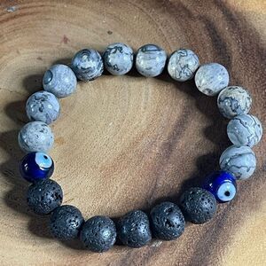 Picasso jasper lava evil eye 10mm stretch bracelet beaded bracelet 7” stretch cr